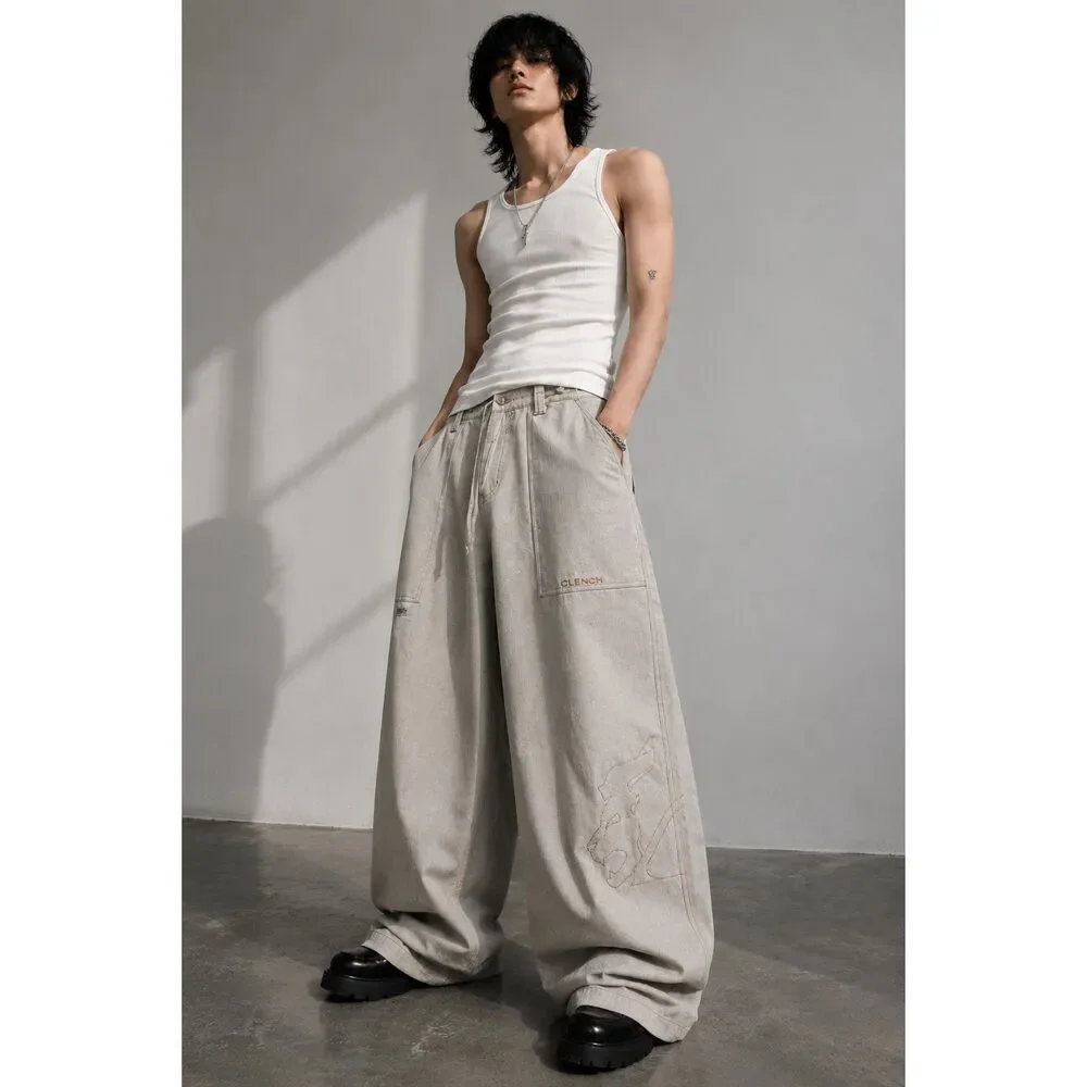 Y2K Deadstock Clench Linen Wide Leg Pants Embroidered Baggy Streetwear Archive